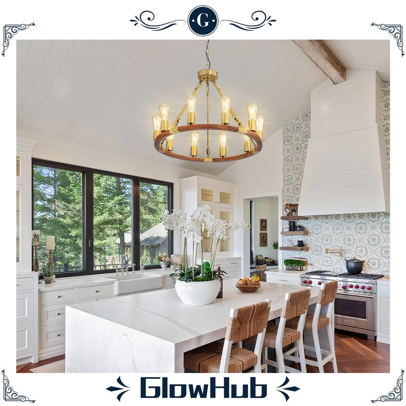 Wagon Wheel Chandelier Gold 10-Light Farmhouse Pendant Light Wood Grain