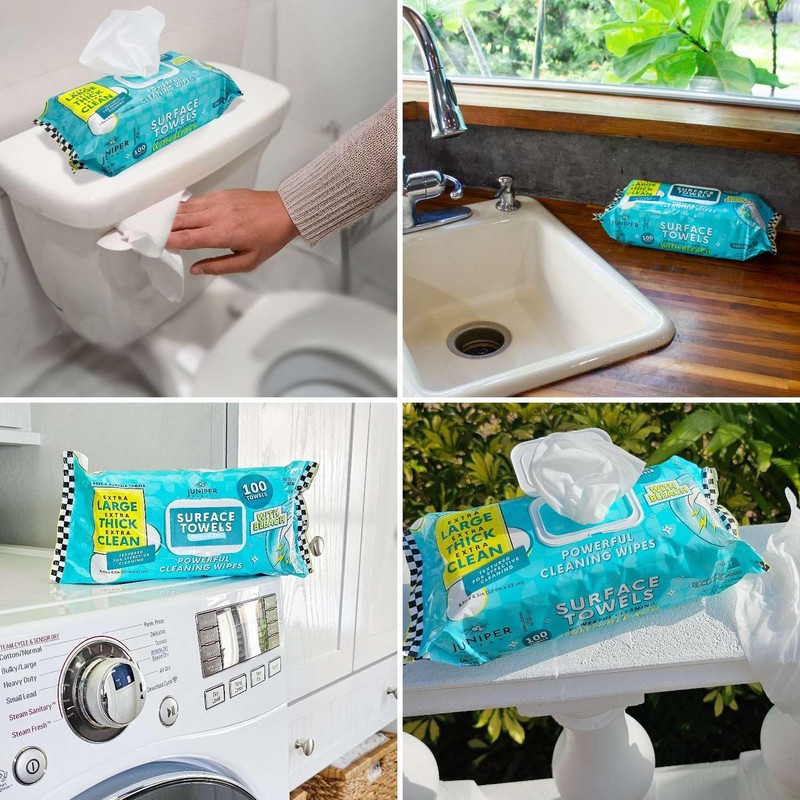 Juniper CLEAN 3 Packs Surface Wipes with Bleach, Thick &