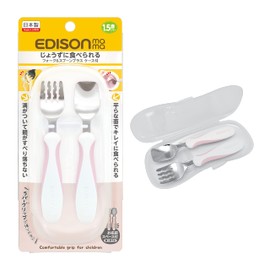 EDISONmama Fork & Spoon Plus 5.5 inches, 1.5 years and up, Case Included/Pear Pink Rubber Grip