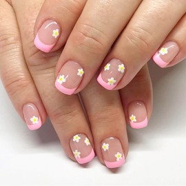 Pink French Tip Press on Nails Short Square Fake Nails Yellow Daisy Flower False Nails with French Tip Design Cute Floral Artificial Nails Glossy Glue on Nails for Women Girls Nails Decoration 24 Pcs