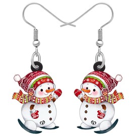 BAMAY Christmas Acrylic Cute Skating Snowman Earrings Dangle Novelty Jewelry Gifts for Women Charms (Red)