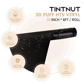 Tintnut Black Puff HTV Vinyl Heat Transfer - 10 inches x 6ft Puff HTV Vinyl Roll 3D Puff Heat Transfer Vinyl Roll Black Puff HTV Roll Iron on Vinyl for T-Shirts, Compatible with Cricut/Silhoutte Cameo