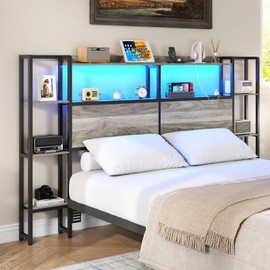 Loomie Headboard for Queen Size Bed with Storage, Headboards with Charging Station & LED Lights, Head Board with Side 3-Tier Storage Shelves & Bed Adapter for Bedroom, Height Adjustable (Queen)