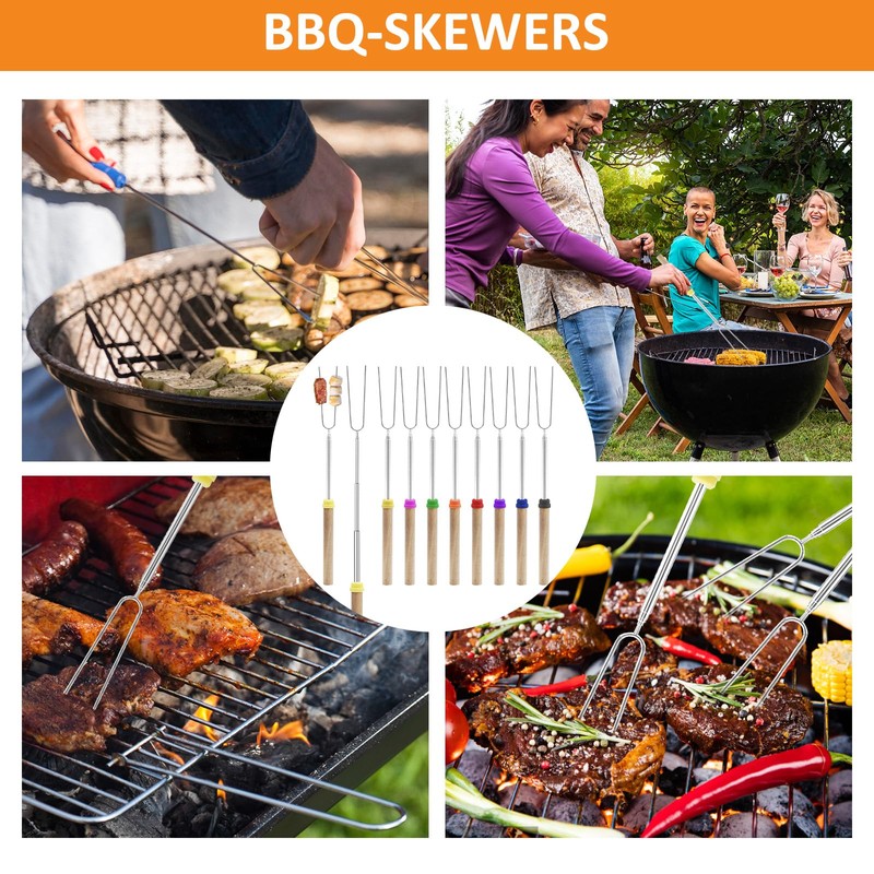 Pack of 8 Barbecue Skewers Telescopic Marshmallow Campfire Grill Fork,