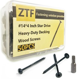 50PCS #14 X 4 Inch Timber Wood Screws, ZTF Outdoor Deck Screws Star Drive, Heavy Duty Black Coated Construction Wood Screw, Rust Resistant Lag Screws for Timber, Log, Landscaping,Torx Bit Included