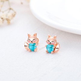 LONAGO Fox Earrings for Women 925 Sterling Silver Cute Fox Holding Heart Stud Earrings (Turquoise)
