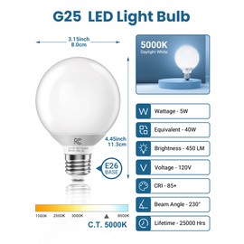 TJOY G25 LED Globe Light Bulbs, Vanity Light Bulb for Bathroom 40W Equivalent, 5000K Daylight White E26 Base, Round Decorative Bulb for Vanity Makeup Mirror, CRI85+, 450LM, Non-Dimmable, UL, 8 Pack