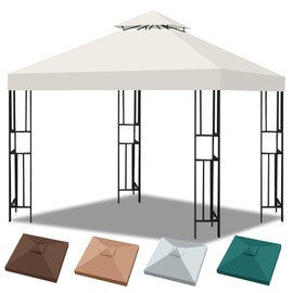 10x10 Canopy Replacement Top, Double Tiered Gazebo Cover with Air Vent Heavy Duty, Waterproof Gazebo Roof with Upgraded 300D Polyester for Outdoor Patio Garden Canopy (Beige, Flat Edge)