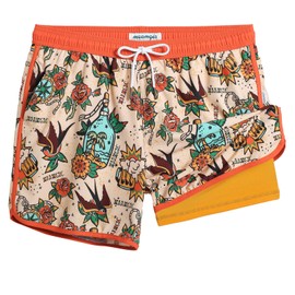 maamgic Mens Short 80s 90s Vintage 5.5" Swim Trunks Swimsuits Board Shorts Compression Liner Quick Dry 2 in 1 Bathing Suits Carnation Bird Orange Medium