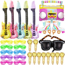 29 Pcs Inflatable Party Props – 80s 90s Themed Party Props Guitars, Roller Skates, Boombox, Microphones, Sunglasses – Inflatable Musical Instruments for Rock and Roll Theme Decorations