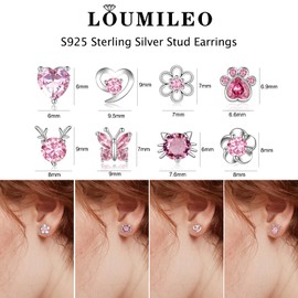 LOUMILEO Sterlings Silver Stud Earrings for Women S925 Silver Stud Earrings for Girls Cute Cat Butterfly Heart Silver Studs Cubic Zirconia Hypoallergenic Small Stud Earrings Set 8Pairs