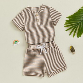Infant Baby Boys Summer Casual 2Pcs Outfits Striped Short Sleeve Half Button Romper Elastic Waist Short Pants Waffle Clothes Set (Khaki, 3-6 Months)