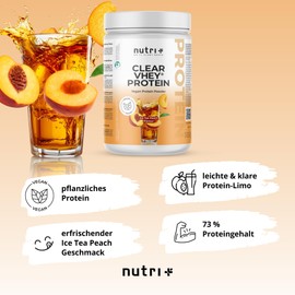 Nutri + Clear Vhey - Clear Vegan Protein Pulver Pfirsich Eistee - erfrischendes, veganes Eiweißpulver ohne Soja, Gluten, Laktose, Zucker - Ice Tea Peach 400 g Proteinpulver