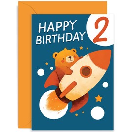 2nd Birthday Card for Boy or Girl - Cute Bear Rocket Moon Stars Second Birthday Card for Child Kid - Son Daughter Niece Nephew Grandchild - Fun Birthday Cards for Children | Age 2 Years Old