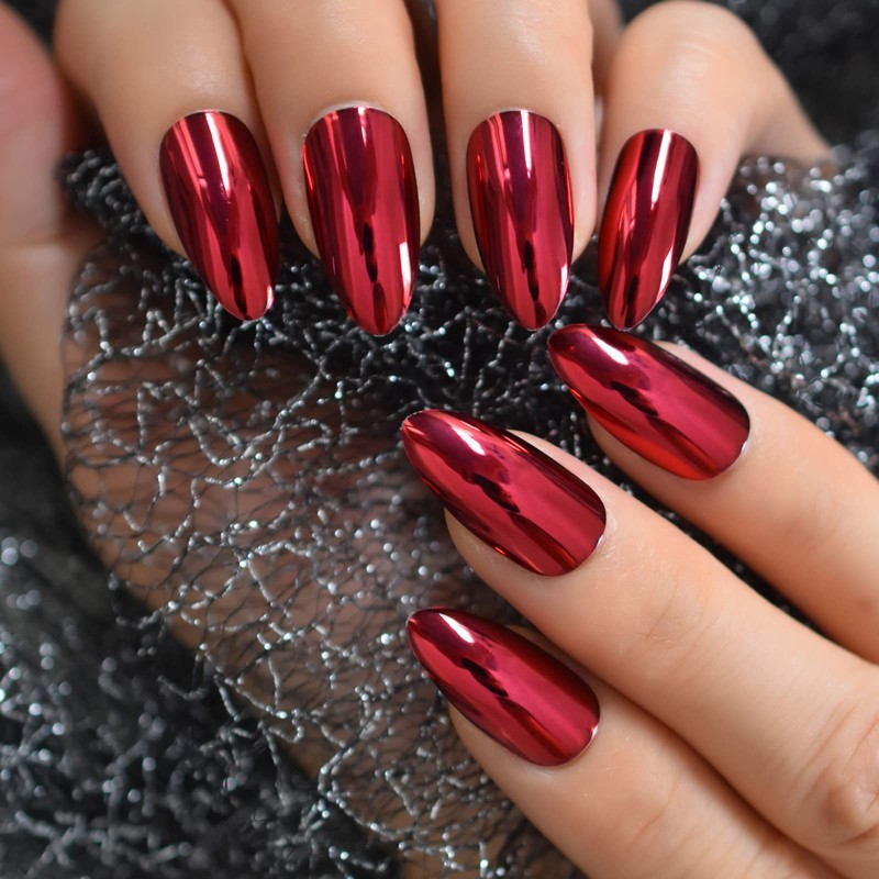 Burgundy Nails Metallic Almond Press On Nails Medium Length Mirror