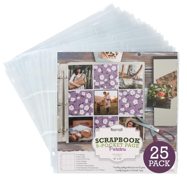 Samsill 25 Pack 12 x 12 Inch Scrapbook Refill Page Protectors, Ultra Clear, Archival Safe, 9 Pockets Hold 4x4 Inch Photos, Used with 3 Ring 12 x 12 Scrapbook Album