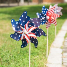 Glitzhome 3-Pack Patriotic Wind Spinners 32" Reflective American Flag Decor for 4th of July Yard & Garden Bird Deterrent Pinwheels