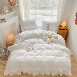 MOOWOO Chic Ruffle Lace Polyester Duvet Cover Set -Girl White Bedding-3 Piece Full Duvet Cover with Zipper Closure -Ultra Soft and Light Weight (White, Full)-No Comforter