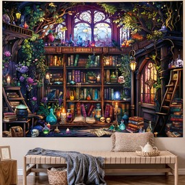 Galoker Magic Bookshelf Tapestry Witchy Library Tapestry Fantasy Fairy Treehouse Wall Tapestries Magical Book Skull Bookcase Tapestries Wall Hanging for Home Decor(51.2"x59.1")