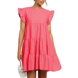 IHOT Elegant Dress for Women Sleeveless Babydoll Tiered Swing Loose Crew Neck Solid Color Mini Short Work Office Modest Dresses with Pocket Coral Pink Small
