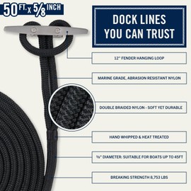 RainierSupplyCo Dock Lines - Boat Rope for Docking with Loop - 50 ft x 5/8 Inch Premium Double Braided Nylon Marine Rope - Mooring Line with 18" Eyelet - Boat Accessories - Black
