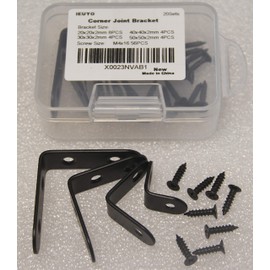 IEUYO 20-Pack L-Shaped Corner Braces (4 Sizes) - 90° Right Angle Brackets with Screws, Stainless Steel Furniture Bracket for Shelves, Woodworking, Cabinets - Black