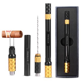 Phoelux Cigar Punch Multitool 4-in-1 Cigar Draw Enhancer Tool, Twin Needle, Retractable and Screw Out Cigar Double End Punch-2 Size Blades Cigar Hole Opener with Gift Box (Gold Black)