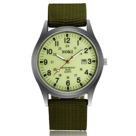 JewelryWe Men's Military Green Dial Nylon Strap Quartz Calendar Wrist Watch Night Vision Luminous Wristwatch, for Xmas