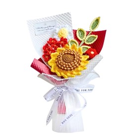 Piklado Hand-Woven Flower Bouquet Finished（1pcs） for Mother's Day Girlfriend Birthday Gift Wedding Decoration Crochet Artificial Flower, Bouquet Gift (Sunflower-Red)