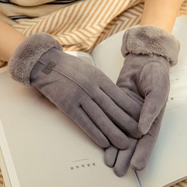 XIFUHUI Elegant Women Suede Sheepskin Fur Trim Gloves Soft Warm Cosy Winter Gloves Padded Thick Suitable for Outdoor Activities (Grey)