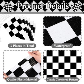 Preboun 3 Pcs Plastic Checkered Table Runner 14 x 108 Inch Racetrack Road Table Runner for Two Fast Car Theme Birthday Racing Party Decor Events Supplies (Black White Checkered)