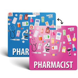 Pharmacist Badge Buddy Blue/Pink Horizontal Heavy Duty with Medical Themed Icons Identification Card - by BadgeZoo
