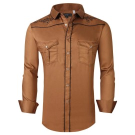 Ace of Diamond Western Mens Shirt Floral Embroidery Country Rodeo Dress Pockets Snap Up Fashion - Brown, S