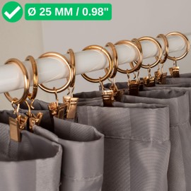 Curtain Clips with Rings, Pack of 30, in Gold Colours, Diameter 25 mm Inner Diameter Curtain Rings, Curtain Rings with Clip Hooks, Curtain Clips with Pull Rings, for 25 mm Thick Curtain Rods