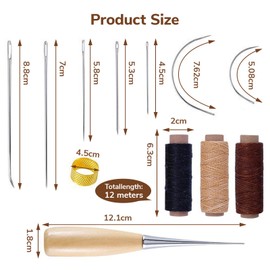 Buaak Leather Sewing Kit, 11 Pcs Leather Needle and Thread Kit, Leather Repair Kit with Cord Drilling Awl and Thimble, Leather Working Kit for Upholstery Carpet Furs Canvas Repair DIY Leather