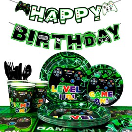 Videojuegos Suministros para Fiesta, 128pcs Juego Vajillas - Platos de Fiesta de Videojuegos Servilletas Vasos Mantel Pancarta etc Video Game Cumpleaños Decoración para Niños