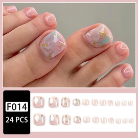 French Toe Nail Press ons Nude Pink Press on Toenails Short Square Fake Toenails Marble with Gold Foil Designs Full Cover Stick on Nails Artificial Acrylic False Toe Nails for Women Acrylic Nails