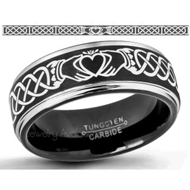 Mens Celtic Claddagh Tungsten Ring -8mm Brushed Finish Black IP & Gunmetal Stepped Edge Comfort Fit Tungsten Carbide Wedding Band - #670s8.5