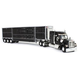 DCP Kenworth W990 with Wilson Silverstar Livestock Quad-Axle Trailer 1/64 Scale Black Semi Truck Model for Ages 14+