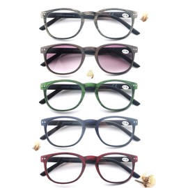 MODFANS Reading Glasses Women/Men Wood Look Round Frame Includes Sun Readers glasses for outdoors 5-Pack Comfort Flexible?Spring Hinge Lightweight with soft case 3.5