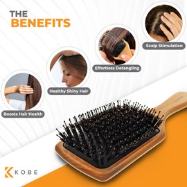 Kobe Professional Eton Dual-Bristle Cushion Paddle Brush - Boar Bristle Hair Brush - Smoothing Wooden Brush for Blow Dry, Detangling & Straightening - For Long & Short Hair - Use Wet & Dry
