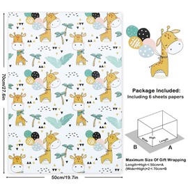 Geluode Birthday Wrapping Paper For Kids Girls Boys, Giraffe Design Gift Wrap Paper for Birthday Baby Shower, 6 Sheets Folded Flat 20x28 Inches Per Sheet