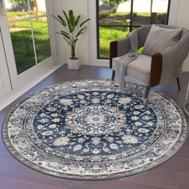 Bohemian Dark Blue Round Area Rugs for Living Room Bedroom 3 ft Vintage Ethnic Style Soft Carpet Floor Mat Yoga Mat Retro Pattern Non Slip Washable Rug for Nursery Entryway Home Decor