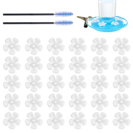 Zelpont Hummingbird Feeder Replacement Flowers 30 Pack, Bee-Proof White Plastic Blossoms for Plastic Feeders, Fits 0.24"-0.28" Ports with 2 Cleaning Brushes