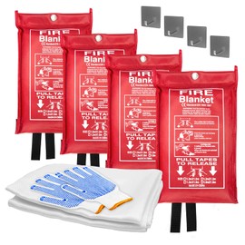 Emergency Fire Blanket (4 Pack) + 4 Hooks & 1 Gloves, 40" x 40" Fire Blanket for Home, Fiberglass Fireproof Kitchen,100% Fiberglass