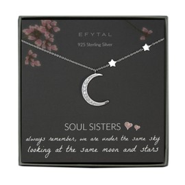 EFYTAL Friend Gifts, 925 Sterling Silver CZ Crescent Moon & Stars Necklace, Best Friend Necklaces for Soul Sisters, Unbiological Sister or BFF