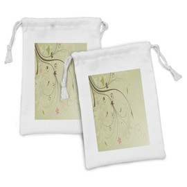 Ambesonne Green and Brown Fabric Pouch Set of 2, Floral Arrangement with Swirls Lines Petal Buds Abstract Bouquet, Small Drawstring Bag for Toiletries Masks and Favors, 9" x 6", Pale Green Brown Pink