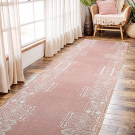 NICETOWN Pink Runner Rug for Kitchen Hallway - 2x6 feet Washable Light Pink Non Slip Foldable Vintage Ultra-Thin Throw Carpet Runners with Rubber Backing for Girls Room