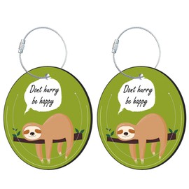 iapodiad Round Luggage Tag for Suitcases,Cute Sloth 2 Pack Leather Travel Luggage Tags with ID Label Privacy Flap and Steel Loop for Women and Men Suitcases Travel Bags Luggage Bags