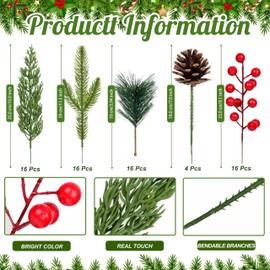 AMAZING TIME 68 Pcs Christmas Artificial Pine Branches, 12 Inch Cedar Sprigs Stems with Pinecones Red Berry Needles Picks Christmas Fake Greenery for Garland Wreath DIY Holiday Decoration